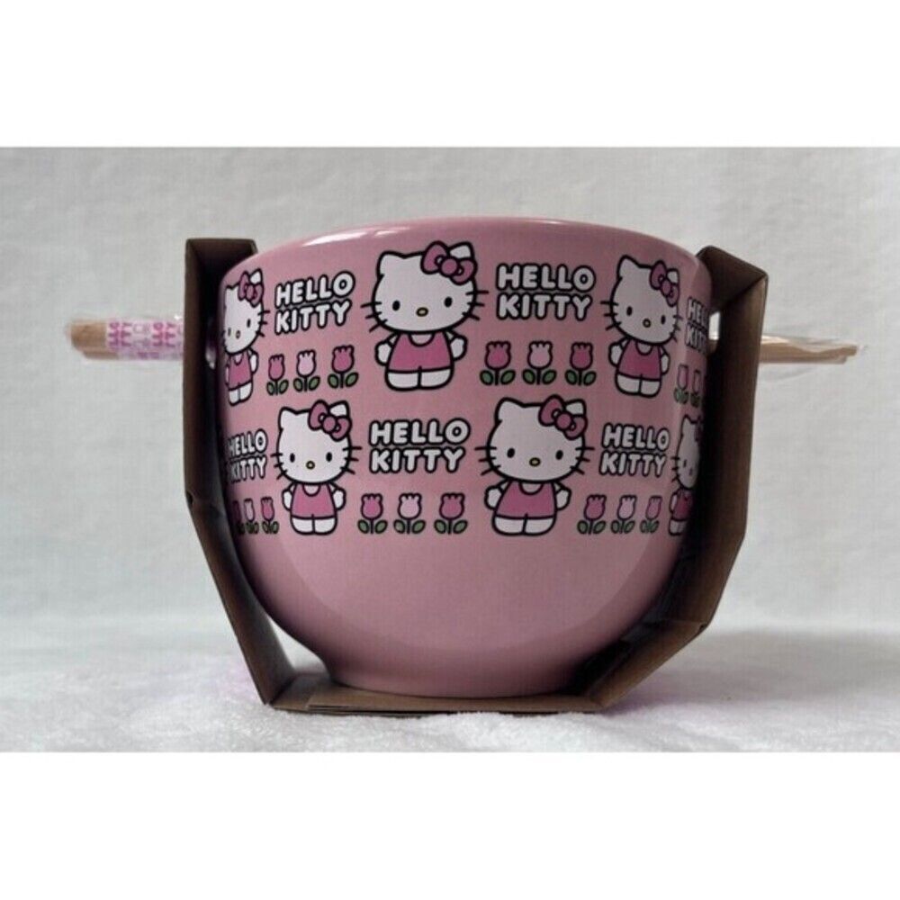 Sanrio Hello Kitty Bowl Allover Print 20 Oz‎ Ceramic With Chopticks